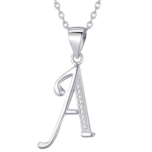 Morella Damen Halskette Silber mit Buchstabe A Anhänger 925 Silber rhodiniert mit Zirkoniasteinen weiß 45 cm