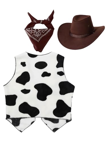 Choomomo Kids Cowboy Cowgirl Outfits Cow Pattern Western Vest with Drawstring Hat and Bandanna Scarf2