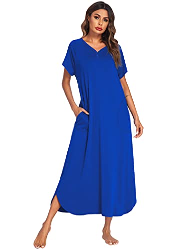 Image of Ekouaer Long Nightgown Women's Loungewear Short Sleeve Sleepwear Full Length Sleep Shirt with Pockets