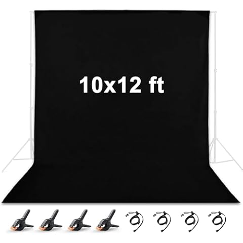 10 x 12 ft Black Backdrop, Polyester Fabric Chromakey Black Backdrop Background for Photography, Video, Studio and Television with 4 Backdrop Clips and 4 Spring Clamps Cover
