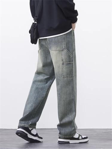 Men Straight Cargo Jeans Splicing Casual Vintage Pants Large Pocket Denim Trousers3