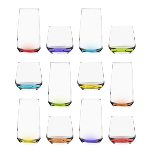 LAV Lal Ensemble de Verrerie - Base Colorée - 12pc Lavable au Lave-Vaisselle Verre Cuisine Eau Gin Jus Cocktail Boire Highball Gobelets Verres Ensemble