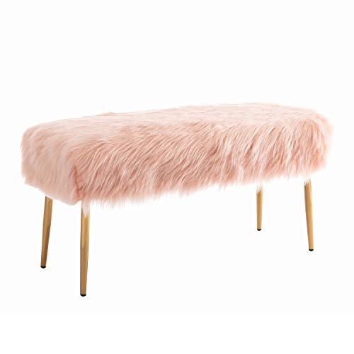 Faux Fur Vanity Bench Entryway Bench Furry Long Hair Pink Ottoman DM Furniture Fuzzy Bench with Metal Legs for Living Room, Bedroom, Dining Room, Home Decorative, Pink