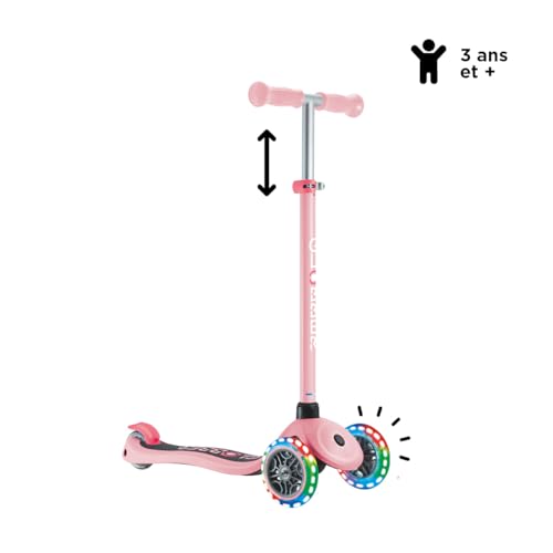 Globber Primo Lights - Tretroller mit 3 R&auml;dern f&uuml;r Kinder von 3 bis 7 Jahren, Pastellrosa