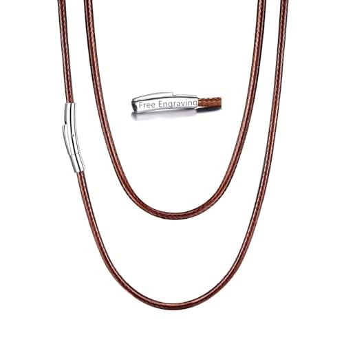 U7 Leather Necklace Cord with Customizable Stainless Steel/Black Clasp, Waterproof Black/Brown Woven Wax Rope Chain for Men Women 1.5/2/3mm, Length 16