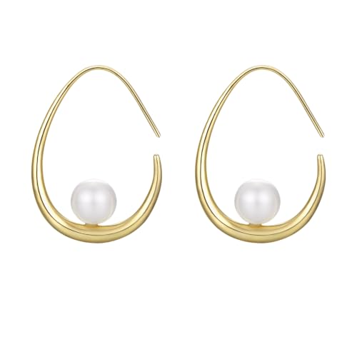 Image of Lightweight Teardrop Hoop Earrings for Women - 14k Gold /White Gold Plated Large Oval Pull Through Hoop Earrings High Polished Statement Jewelry Gift for Women