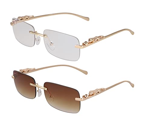 FLAWLESS EYEWEAR Rimless Oversized Sunglasses for Women Men Rectangular Frameless Fashion Shades (2 PACK: Clear and Brown)