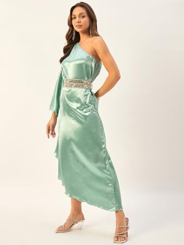 Image of DRAPE AND DAZZLE Women one Shoulder Kaftan Dress with Mirror Work Belt | Summer Westner Wear Dress| DD-115
