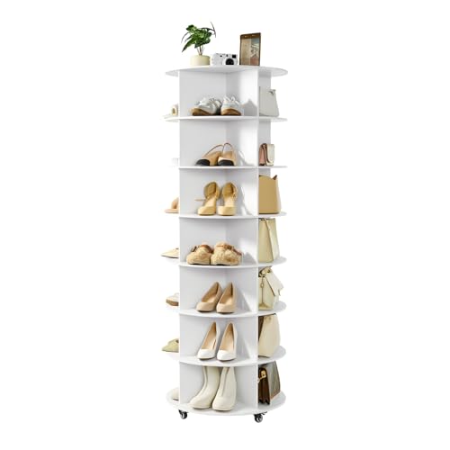 VEVOR Zapatero para 28 Pares de Zapatos, 7 Estantes y 4 Compartimentos, Giratorio 360°, con Ruedas Móviles, Ideal para Dormitorio, Sala de Estar o Recibidor Color Blanco, 598 x 598 x 1670 mm.