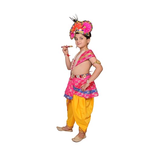Image of Kaku Fancy Dresses Krishna Costume With Dhoti For Boy /Janmashtami /Bal Gopal Dress /Kanha Costume /Bal Krishna /Mythological Costume For Boy - Yellow-Red, 1-2 Years