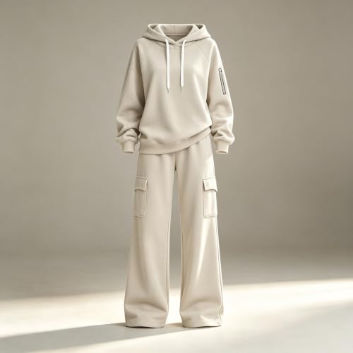 Rtdyvyuhb 2 Piece Sweatsuits For Women Hoodie Wide Leg Pants Sport Outfit Travel Airport Loungewear Elastic Waist Tracksuits Beige Small - image 4