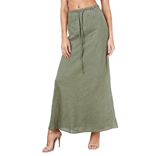 Amazhiyu Women's 100% Linen Casual Summer Drawstring A-Line Midi Skirt