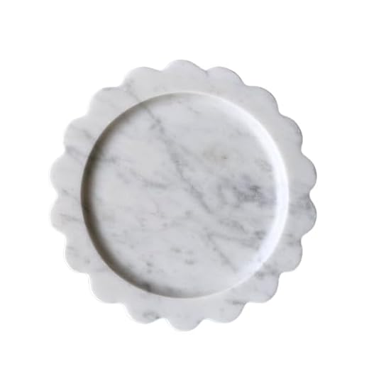 Scalloped Marble Tray 8", Handmade Decorative Stone Tray for Counter, Dresser, Vanity, Jewelry, Nightstand & Desk Home Bathroom Decor (Calacatta White, Round)