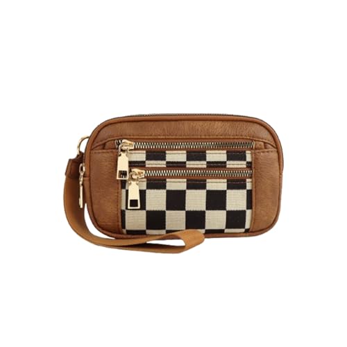 RFID Blocking Wristlet Wallet for Women - PU Leather Crossbody Bag with Transparent Card Slots, Lightweight Card Holder & Coin Pocket for Daily Essentials (Checkered Brown)