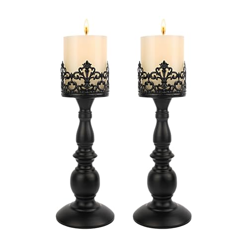 Chandeliers pour Bougies Colonnes - Noir Mat Gothique Chandeliers Hauts Vintage Lot de 2 Grandes Pièces Maîtresses Décoratives pour Table Support à Bougies Déco...