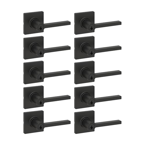Image of Kwikset Casey Entry Door Handle with Lock and Key, Secure Keyed Reversible Lever Exterior, for Front Entrance and Bedrooms, Matte Black, 10 Pack, Pick Resistant SmartKey Rekey Security and Microban