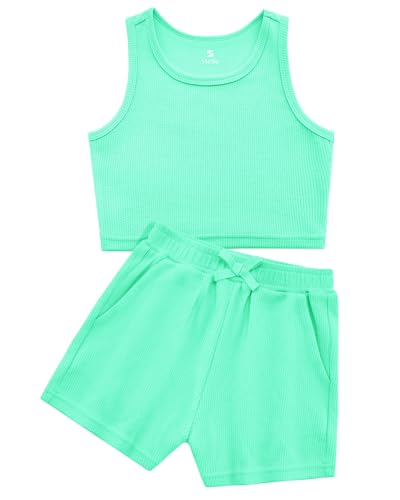 Image of Stelle Girls 2 Piece Outfits Tank Top and Shorts with Pockets 5-15 Years | Girls Ribbed Crop Tops,Scoop Neck,Sleeveless shirts,Elastic Waist Shorts,Bow Waist,Side Pockets
