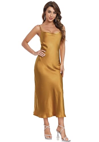 Image of Women's Spaghetti Strap Midi Satin Silk Dresses Slip Cowl Neck Party Cocktail Evening Sexy Dress