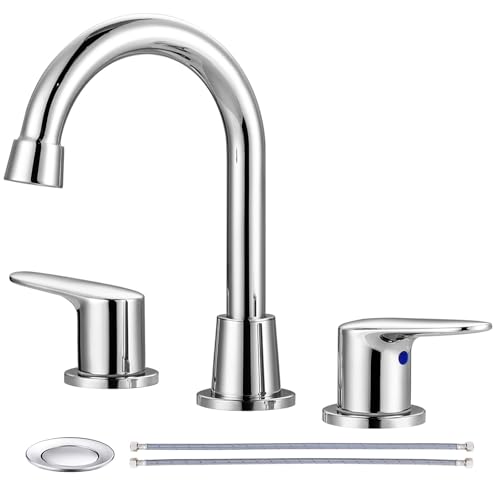 Chrome Bathroom Faucet 3 Hole,8 Inch Widespread Bathroom Sink Faucet with Pop-up Drain and 2 Supply Hoses,360 Degree Swivel Spout 2 Handle Lead-Free Bath Faucet for Restroom Vanity Camper RV