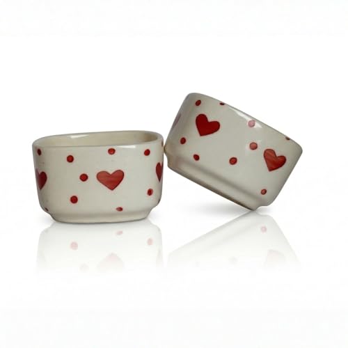 Image of Freakway Ceramic Dip Bowls with Heart Shape Design, White and Red, Set of 2, Microwave Safe, 40 ml
