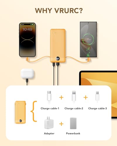 image for VRURC Portable Charger Built-in Cables and AC Wall Plug, USB C Power B