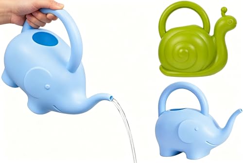 DOITOOL 2 Stück Lustige Tier Gießkanne 2.0L Mit Tragegriff Bunte Kinder-Gießkanne Für Garten Und Zimmerpflanzen Niedliches Panda-Design Bewässerungskanne (Blauer Elefant & Grüne Schnecke)
