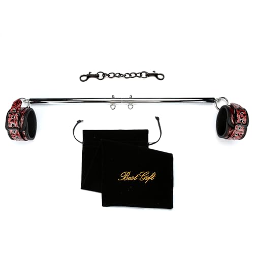 Silvery Pilates Spreader Bar, Exercise Bar with 2 PCS Red Fur Adjustable Strap Set, Yoga Training Fitness Gear, Sports Gym Kit, Workout Bar, Stainless Steel Leg Spreader Bar for Home