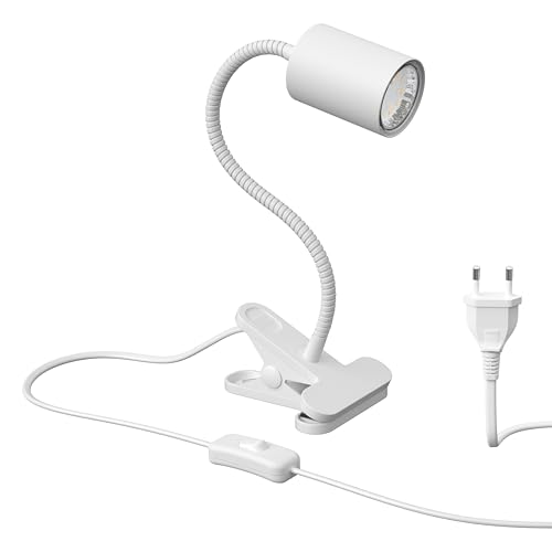 ledscom.de Klemmleuchte WAIKA mit Schwanenhals und Schalter weiß matt, inkl. GU10 LED Lampe (warmweiß, 2,339W, 227lm, 110°)