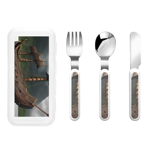Vikings - Juego de utensilios de viaje con estuche con diseño de barco, incluye tenedor, cuchara, cuchillo, cuchara ergonómica para diestros