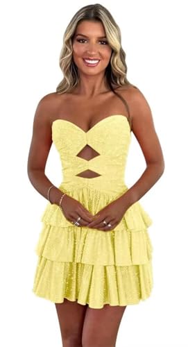 Sparkly Sequin Homecoming Dresses Short Prom Dress for Teens 2025 Tiered Strapless Cut Out Cocktail Party Gowns