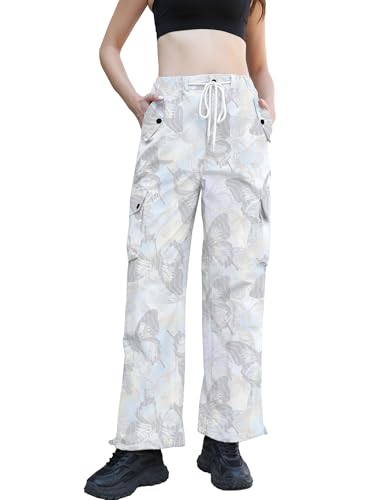 Image of Betusline Girls & Women's High Waist Wide Leg Cargo Pants Y2K Parachute Pants with Pockets and Drawstring 6 Years-Women 2XL
