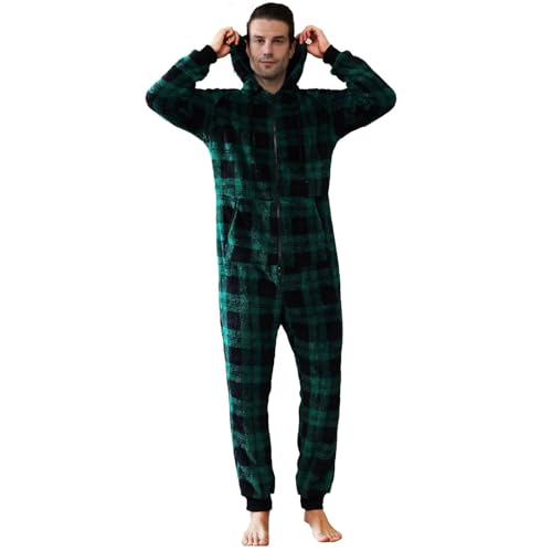 Lu's Chic Men's Hooded Onesie Pajamas Lightweight Fuzzy Fleece Zip Up Jumpsuit Long Sleeve Long Pants One Piece Pjs4
