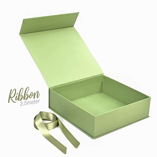 Image of RBS - Green Gift Hamper Box Empty, 2.5m Satin Spring Moss Ribbon (1 Pack) Hamper Boxes for Gift Empty (26 x 26 x 8cm) Gift Cardboard Box Empty Gift Packing Box Reusable gift boxes (Green)