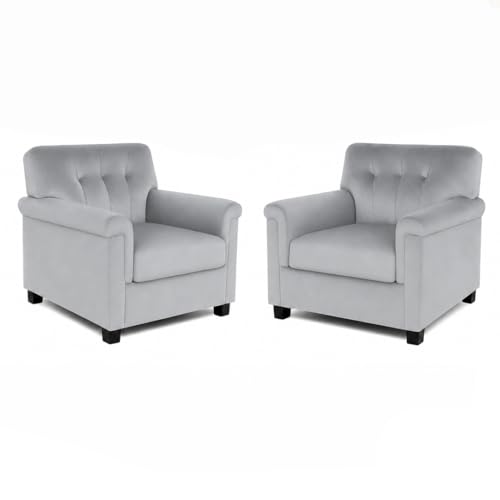 Image of FURNY Woodswave 5 Seater 3+1+1+2 Puffy Sofa Set for Living Room in Premium Velvet Finish (Light Grey) Durable & Comfortable Ideal for Living Rooms