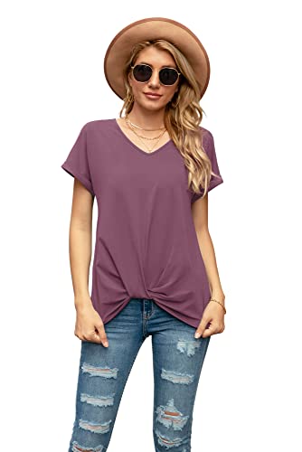 Iandroiy Women's Comfy Casual Summer Tops Short Sleeve V Neck Blouses T Shirts Twist Knot Tees (Medium, Purple Red) #TOP3