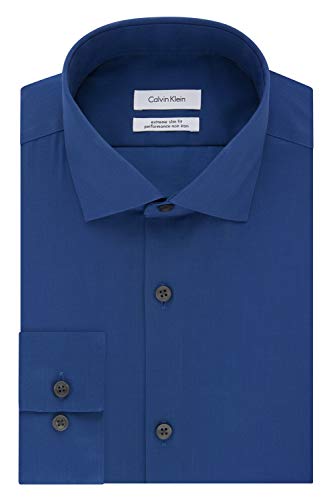 Calvin Klein Men's Dress Shirt Xtreme Slim Fit Non Iron Herringbone, Ultra Blue, 17.5