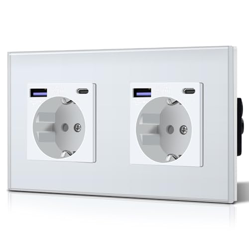 BSEED Steckdose aus Glas mit 20W USB C Schnellladegerät Wandsteckdose 3 in 1 Unterputz Steckdosen Einfache Installation 240V 16A 157mm 2 Fach Weiß