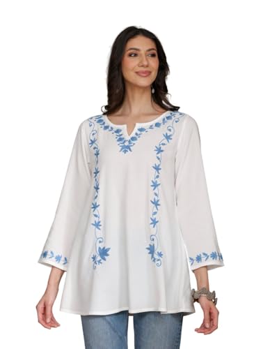 Image of QAZMI Women Kashmiri Aari Embroidered A-Line Viscose Rayon Short Kurti with Full Sleeves