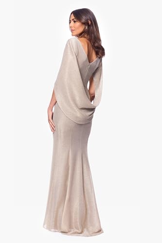 Image of Betsy & Adam Women's Floor Length Metallic Crinkle Knit Boat Neck Draped Cape Sleeve Evening Gown