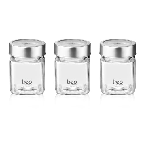 Image of Treo by Milton Cube Storage Containers, Set of 3, Glass Jar with Air Tight Steel Lid, 180 ml each, Transparent Jars for snacks, Pulses, Masala, Pickles, Cereals, Cookies, Dry Food