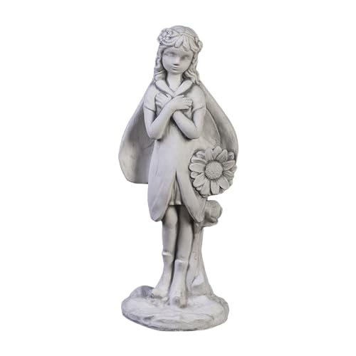 gartendekoparadies.de Elfe mit Sonnenblume, Steinfigur, H. 48 cm, 7 kg, Grau, frostsicher aus Steinguss für Außenbereich