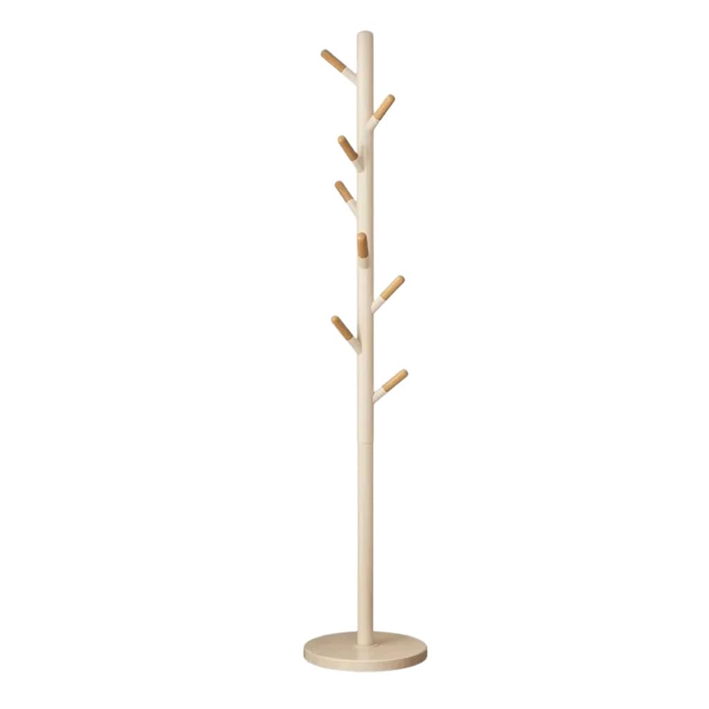 HRGKLMN Freestanding Coat Rack in Nordic Style, Metal Coat Stand with Natural Wood Hooks, Sturdy Coat Rack with Round Base for Entrance Area, Bedroom, Office,White