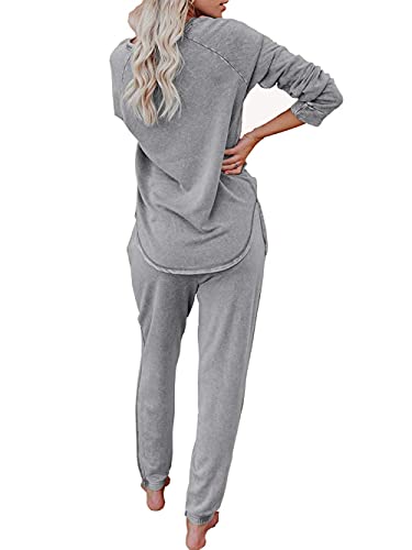 Bunanphy Womens Lounge Wear Pyjamas Set Long Sleeve PJs Casual Crew Neck Sleepwear Jogger with Pockets
