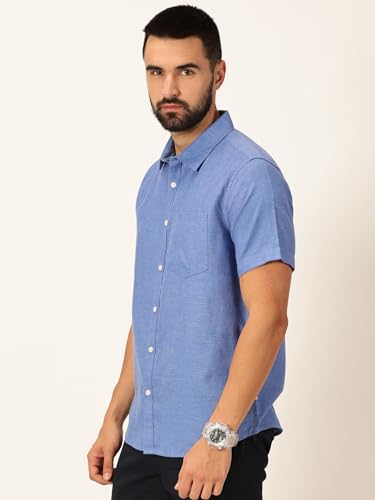 Image of Thomas Scott Men's | Solid | Linen Blend | Slim Fit | Short Sleeve | Spread Collar | Casual |Shirts for Men