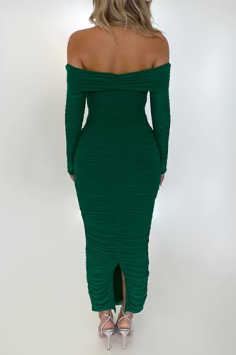 PRETTYGARDEN Women's Fall Off The Shoulder Maxi Dress Spring Long Sleeve Ruched Fitted Bodycon Club Dresses with Slit
