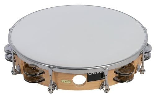 GEWA Tambourin Traditionell mit Schellen, Holzrahmen-Tambourin (stimmbarer Holzrahmen aus Maple, Kunststofffell, 16 Paar Stahlschellen, perfekt für Schulklassen & Percussion-Ensembles) 10 Zoll Single