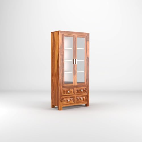 Image of Wood Book Shelf for Home Library | Book Shelf with Acrylic Glass Door | Kitchen Crockery Cabinet, Almirah, Home,Office Study Room Furniture Books Rack (Honey Finish)