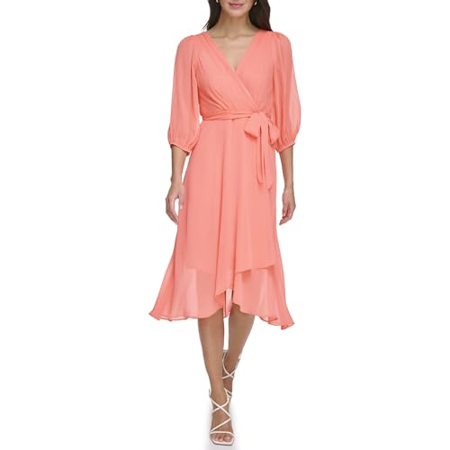 Image of DKNY Women's Chiffon Balloon Sleeve Faux Wrap Midi Dress with High-Low Hem