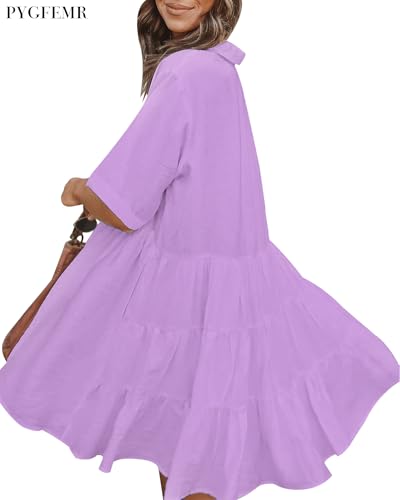 Image of PYGFEMR Women's Short Sleeve Babydoll Dress Button Down Dresses with Pockets