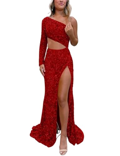 One Shoulder Long Sleeve Sequin Prom Dresses with High Slit Sexy Cut Out Waist Evening Party Gowns